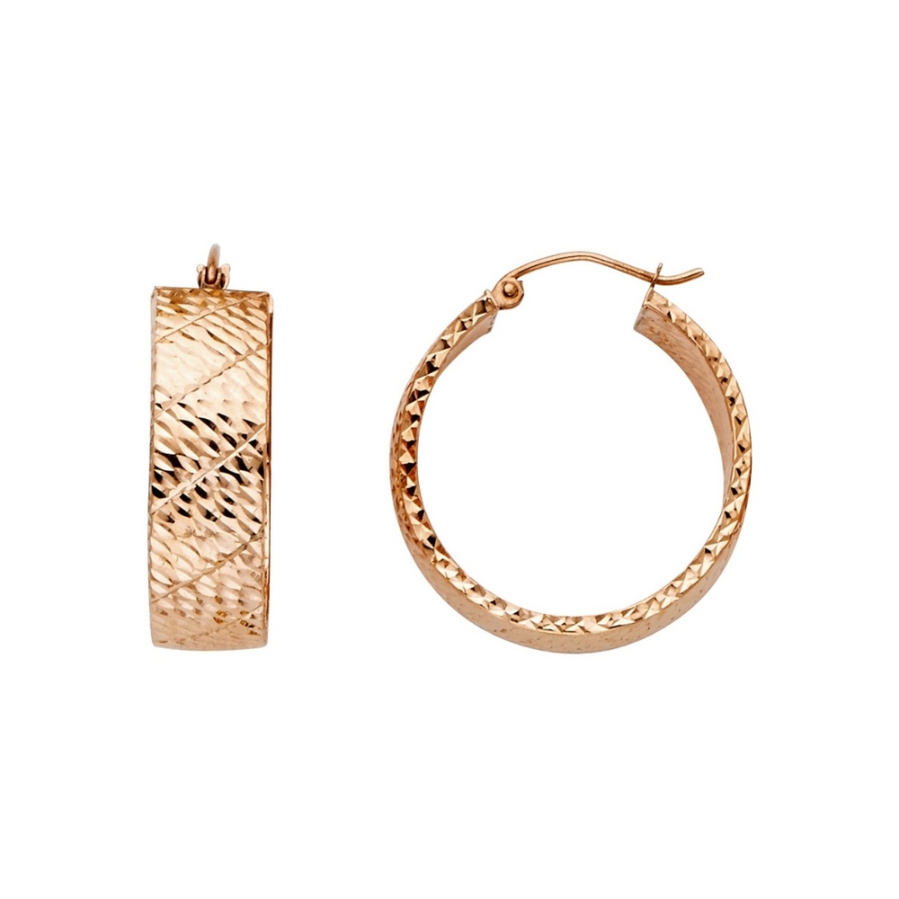 14K Rose Gold Hollow Wide Full Diamond cut Hoop